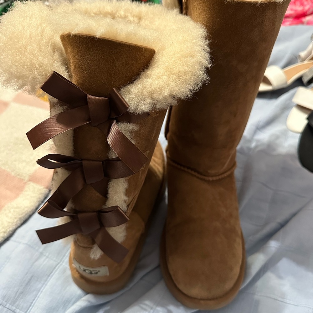 UGG Tan Shearling Kids Boots with Brown Bows